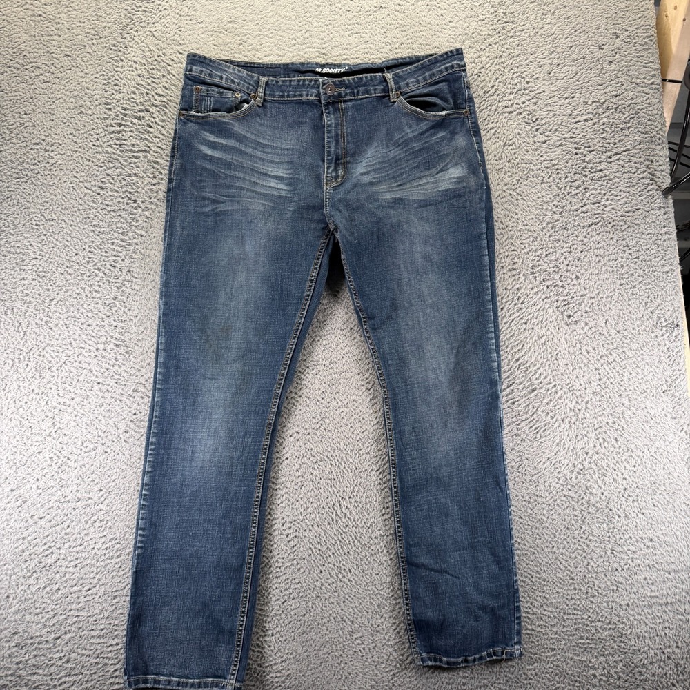 M.Society Jeans Mens 40x32 Blue Cotton Denim Straight Leg Workwear Faded Stretch